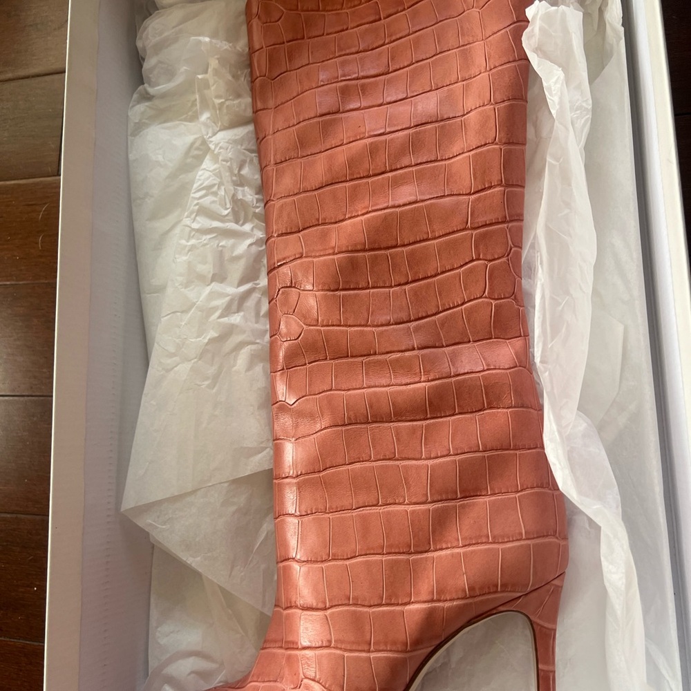 SCHUTZ Crocodile-Embossed Pink Heeled Boots